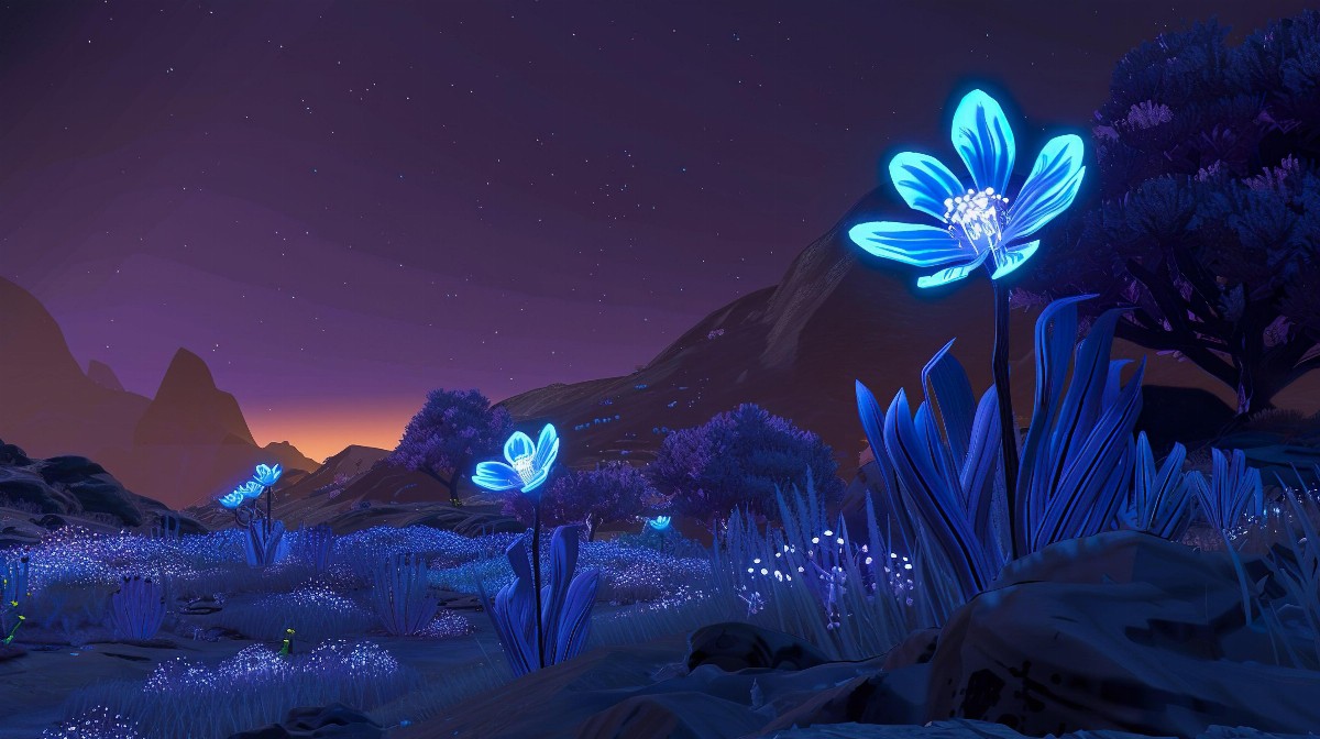 Glowing alien flowers under starry sky