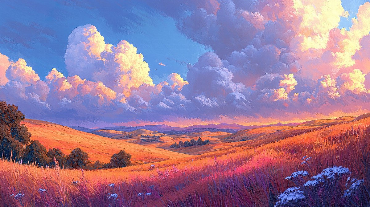 Illustration of rolling hills with golden grass and a vibrant sky.