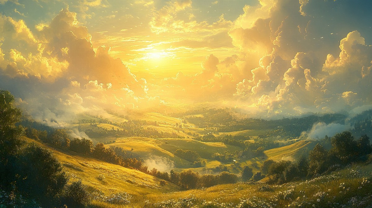 Rolling hills under a golden sunset with clouds and trees.