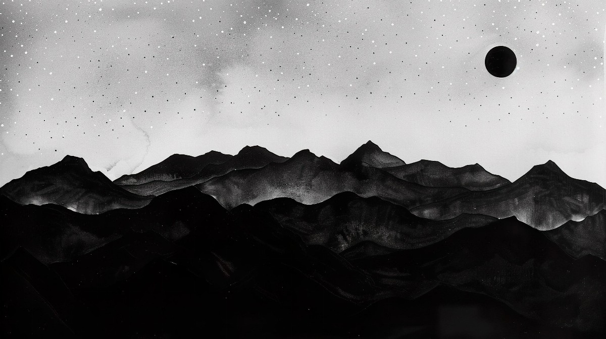 Ink black mountains with starry sky