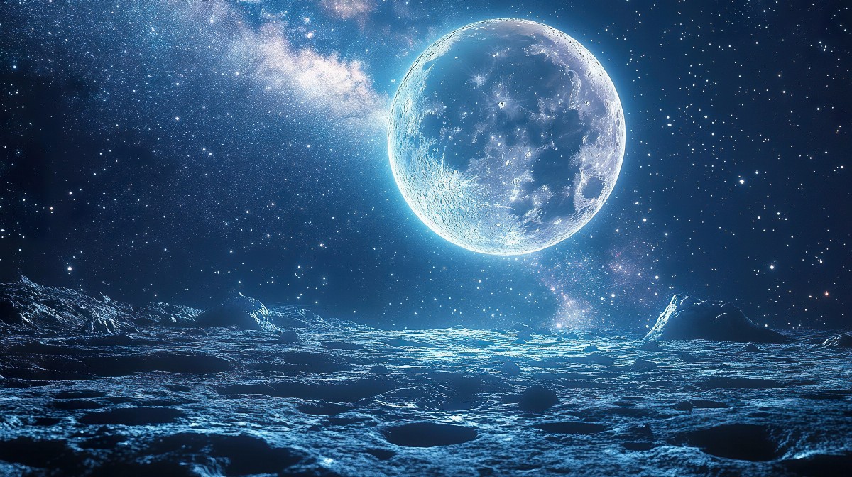 Cratered moon surface with a starry sky and bright moon.