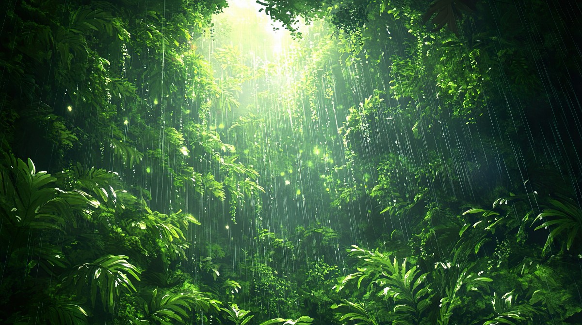 Illustration of a vibrant rainforest with lush green foliage and sunlight.
