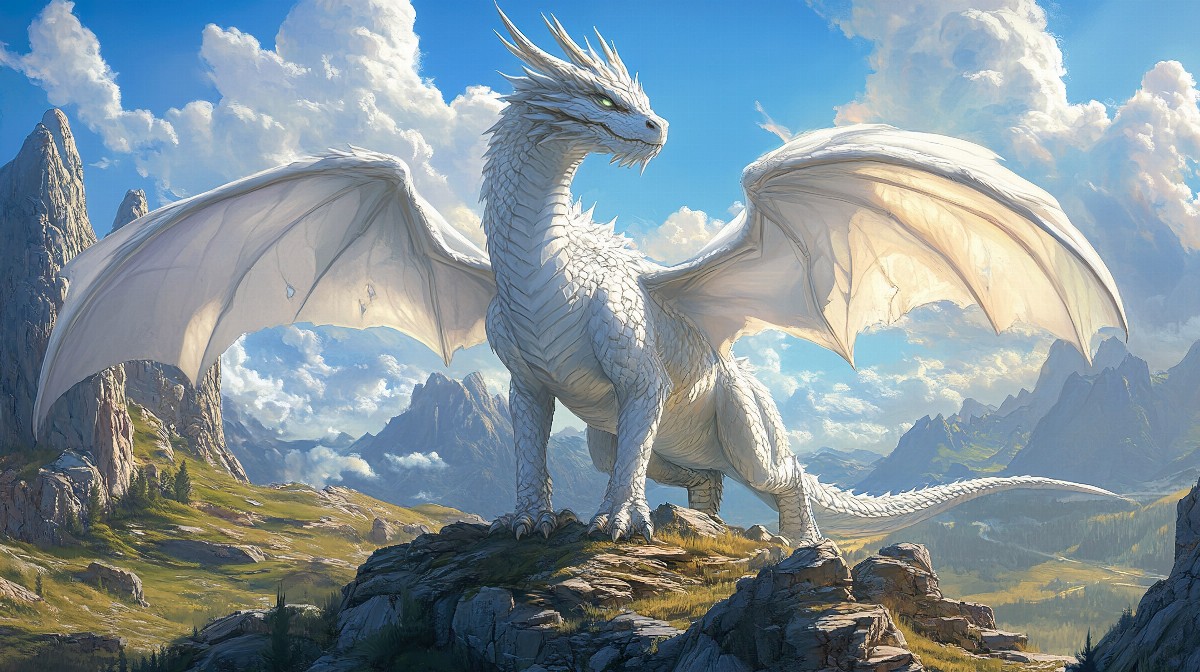 A white dragon with large wings standing on a rocky mountain landscape.