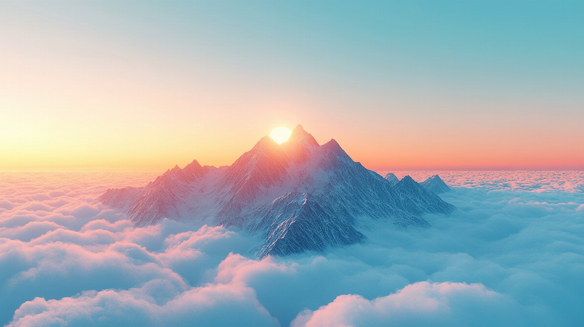 Mountain peaks rising above clouds with a sunrise in the background.