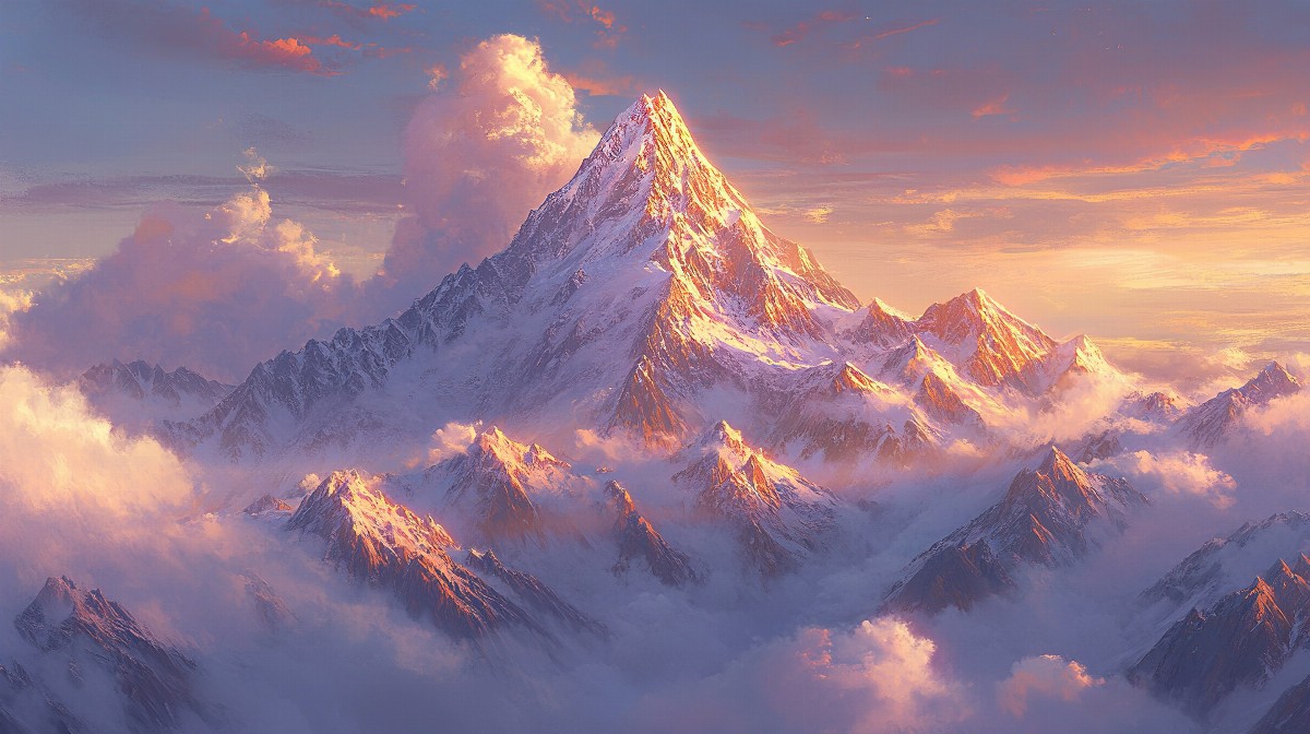 Towering mountain peaks illuminated by sunrise with clouds below.