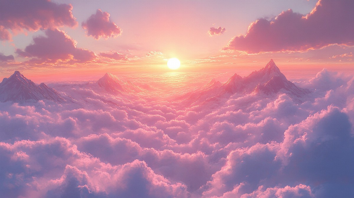 Mountain peaks floating above clouds with a sunset in the background.