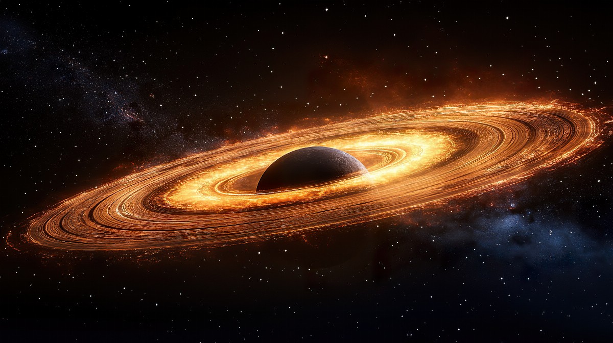 A swirling black hole at the center with luminous rings in space.