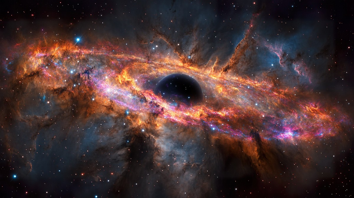 A swirling black hole at the center with luminous rings in space.