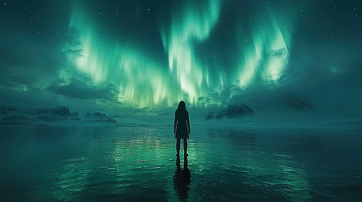 Silhouette of a person standing by water under the northern lights.