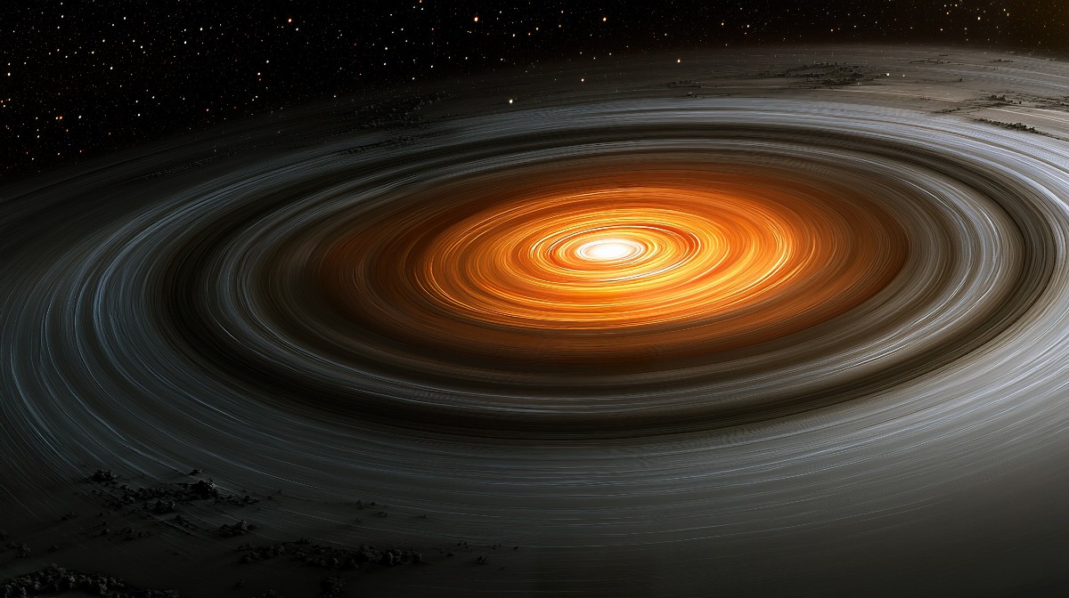 A swirling black hole at the center with luminous rings in space.