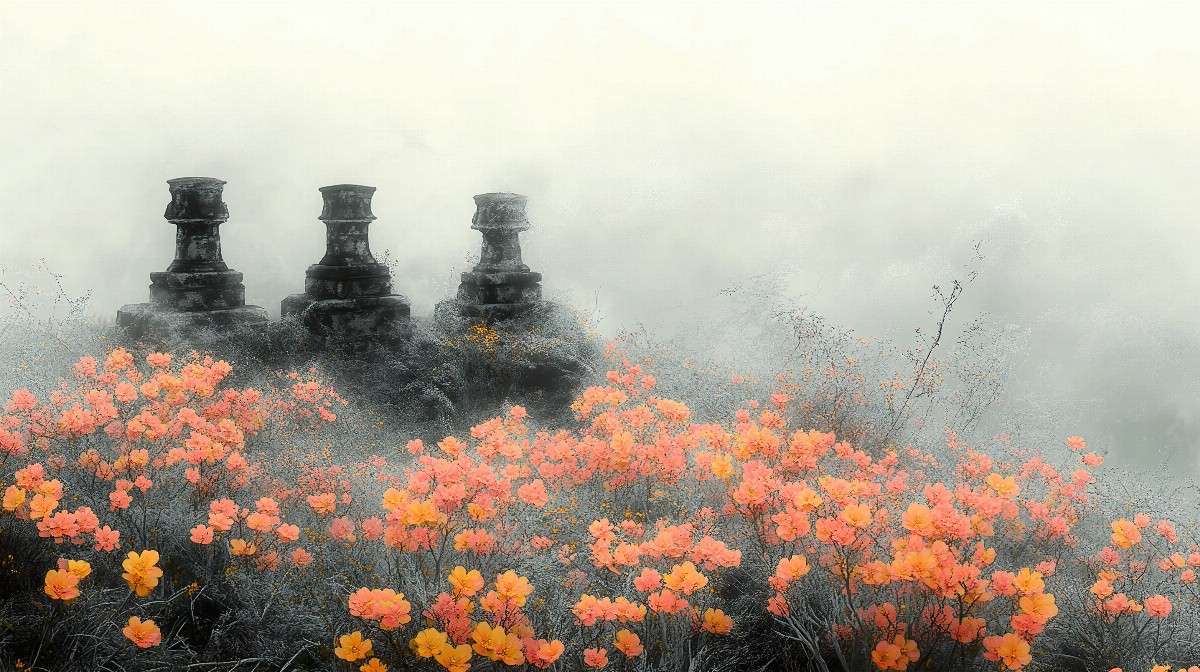 Misty ruins surrounded by blooming primroses in a foggy landscape.