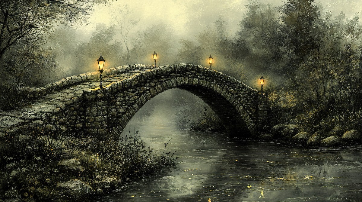 Old stone bridge with lanterns crossing a misty river.