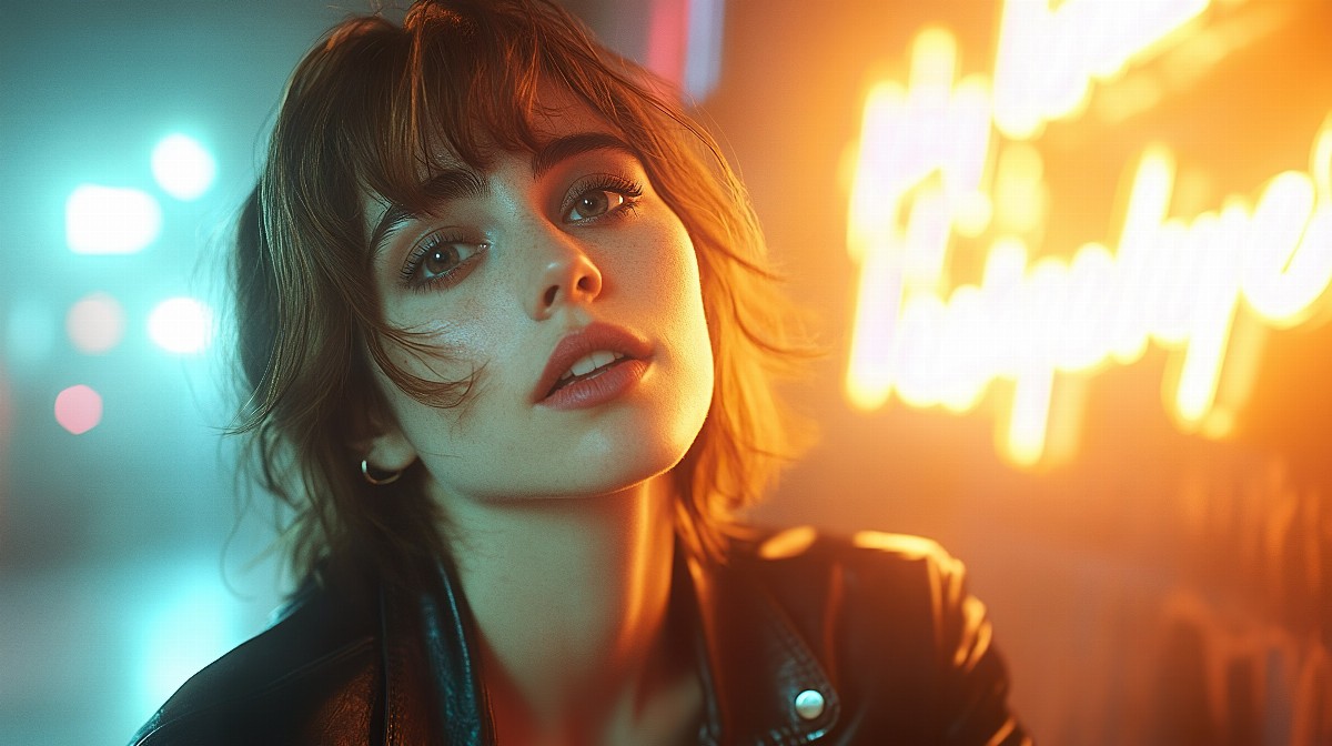 Woman in a black leather jacket with neon lights in the background.