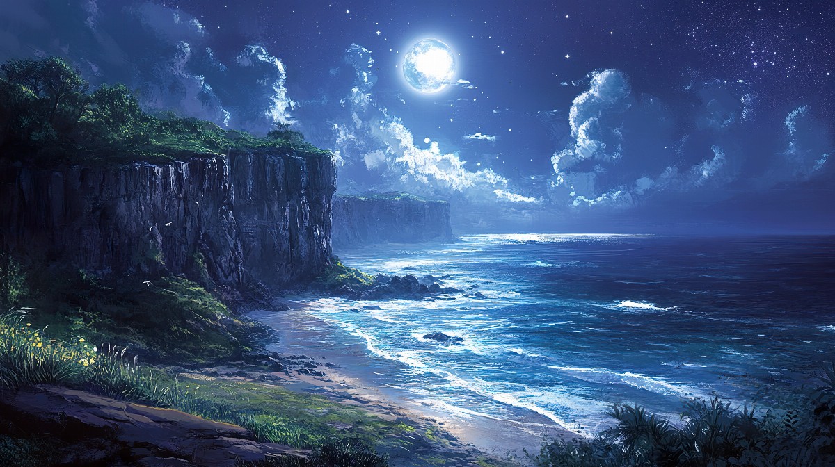 A rocky cliff overlooking a calm ocean under a full moon and starry sky.