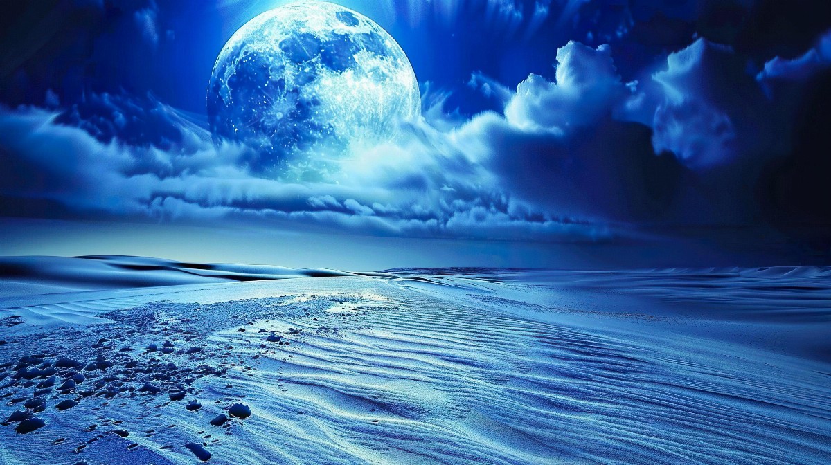 Moonlit desert dunes under a full moon