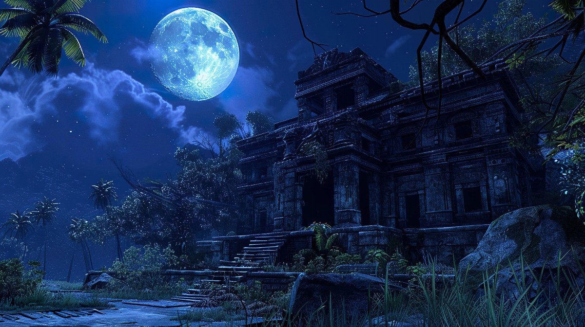 Moonlit ruins with overgrown vegetation