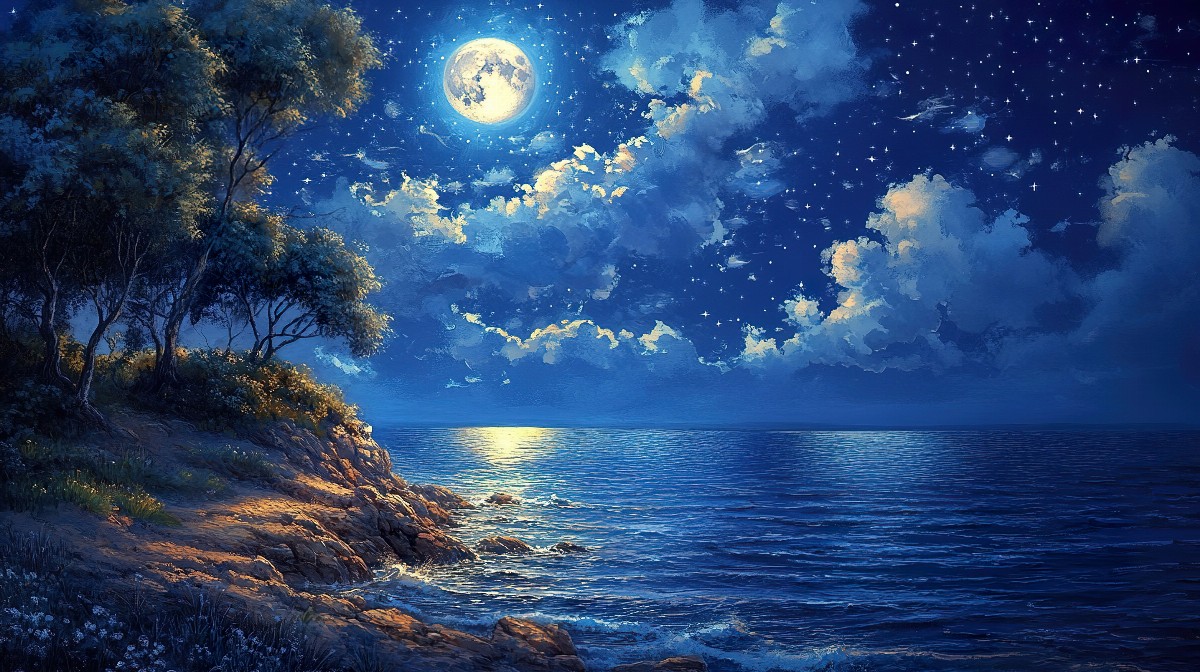 A rocky cliff with trees overlooking a calm ocean under a starry night sky.