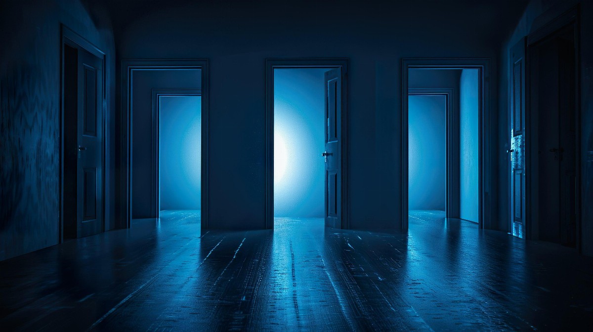 Dark corridors with glowing doors