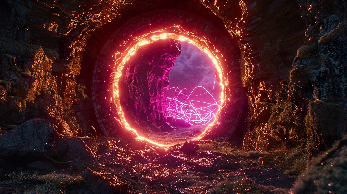 Glowing portal in rocky cave