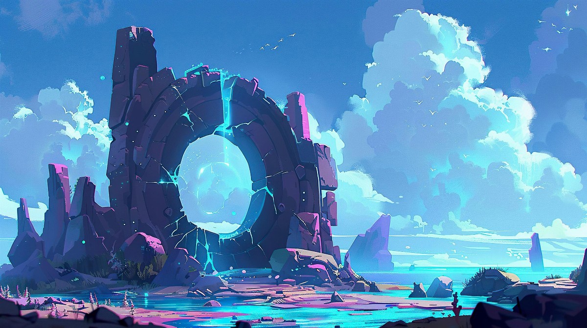 Mysterious portal in a fantasy landscape