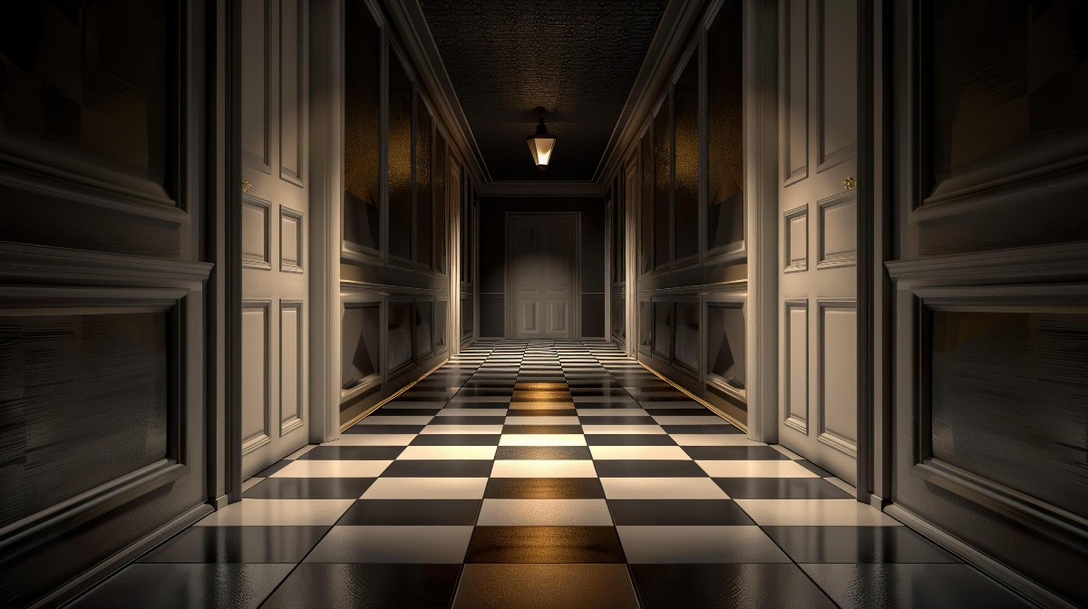 Shadowy corridor with glowing doorways