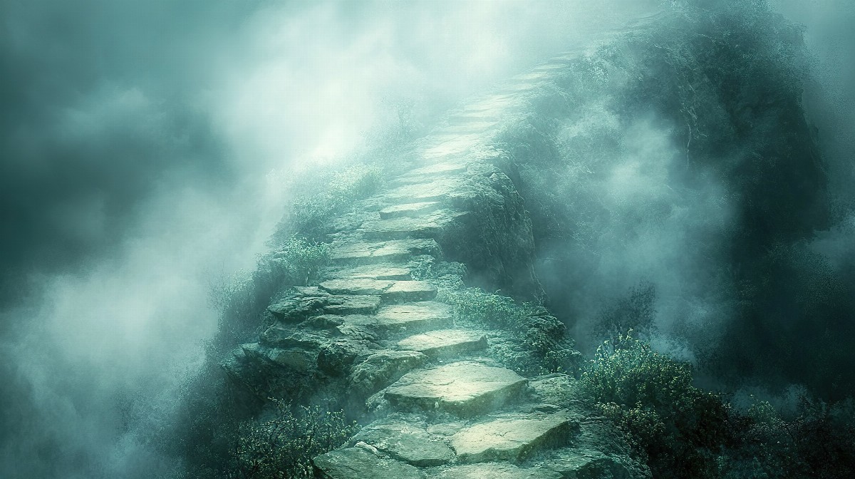 A winding stone path through a misty forest with dense fog.
