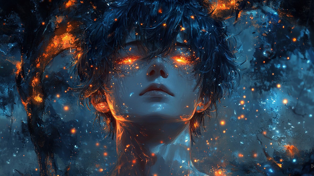 Anime character with glowing eyes surrounded by fireflies at night.