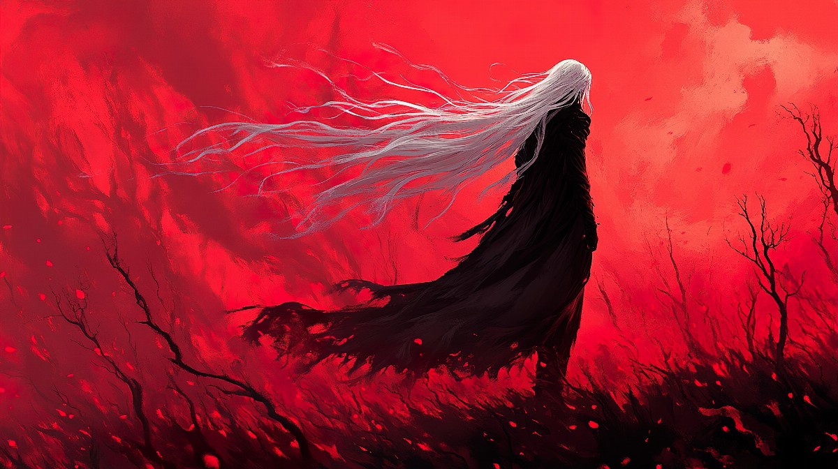 Anime character with long white hair in a red, fiery landscape.