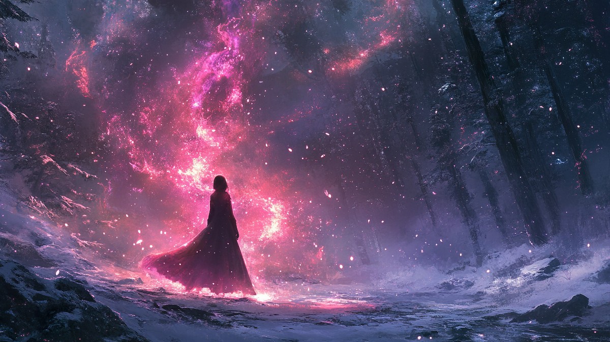 Anime girl with a glowing aura in a mystical forest setting.