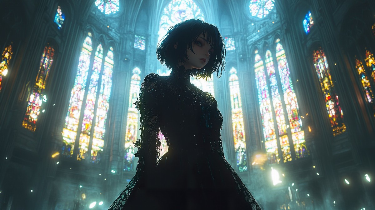 Anime princess in a black gown standing in a cathedral with stained glass windows.
