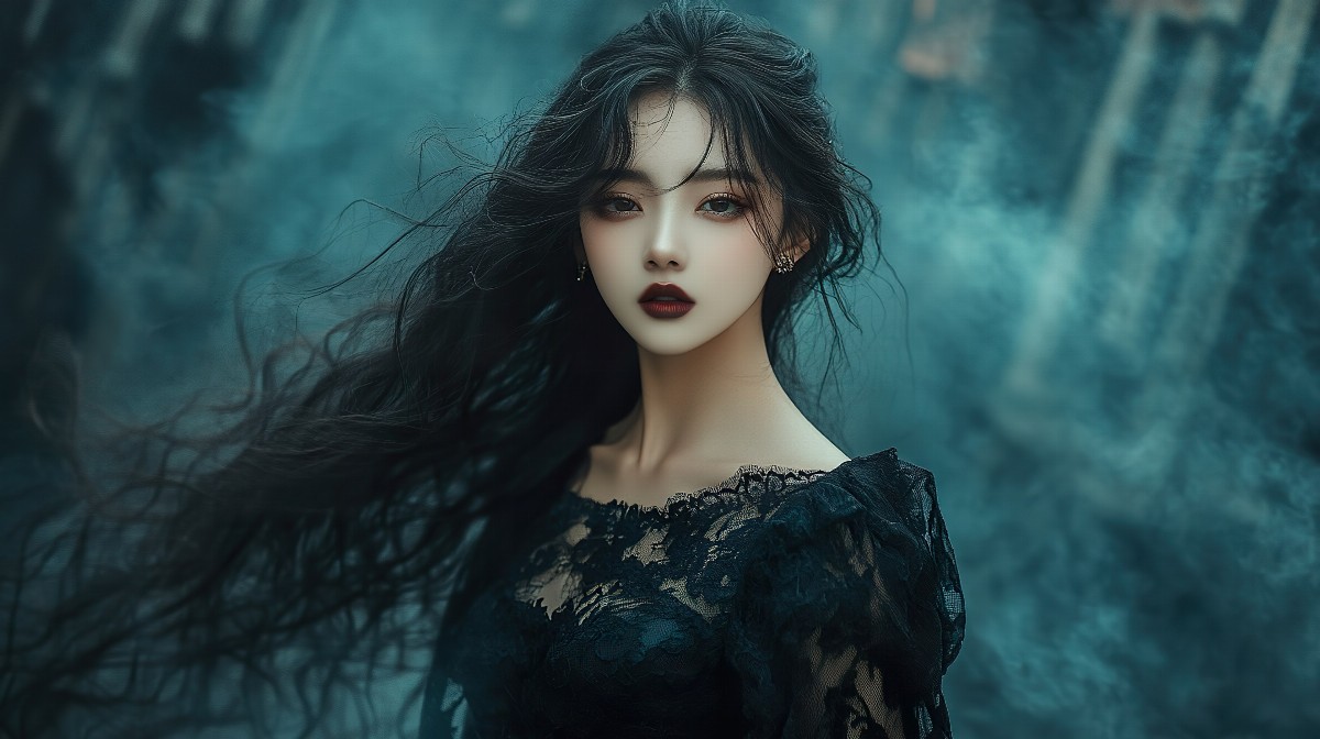 Aesthetic girl in a black lace dress with dark lipstick