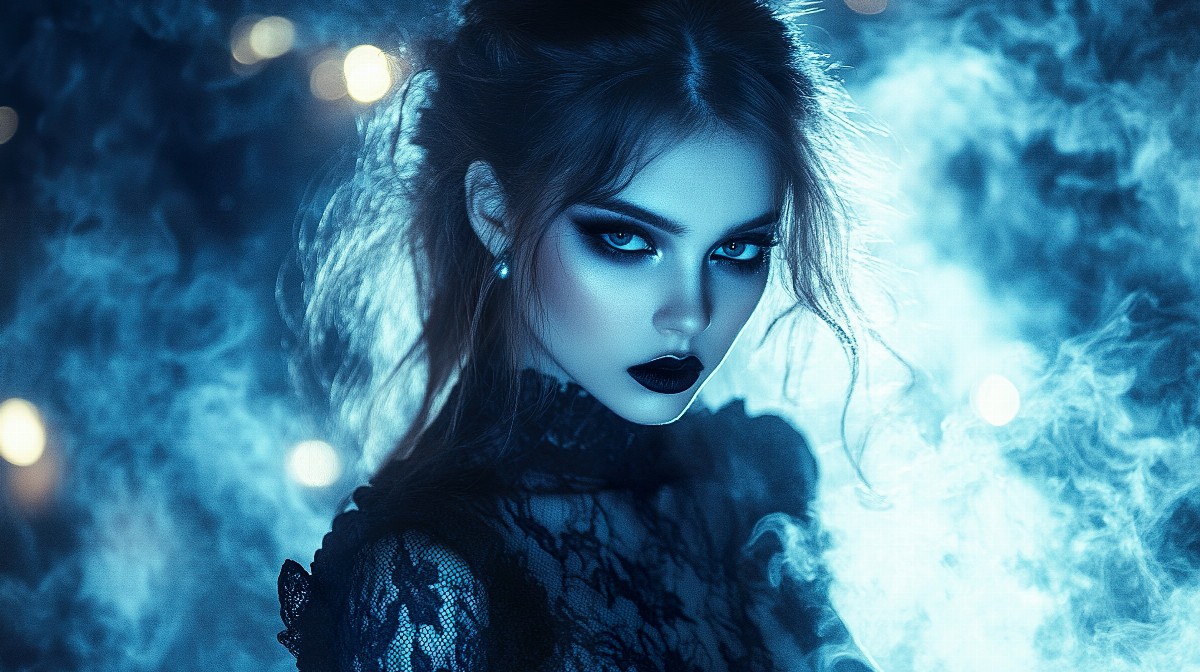 Woman in black lace dress with dark lipstick in a mystical setting