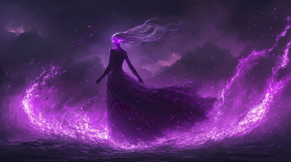 A figure with silver hair surrounded by glowing violet energy in a mystical setting.