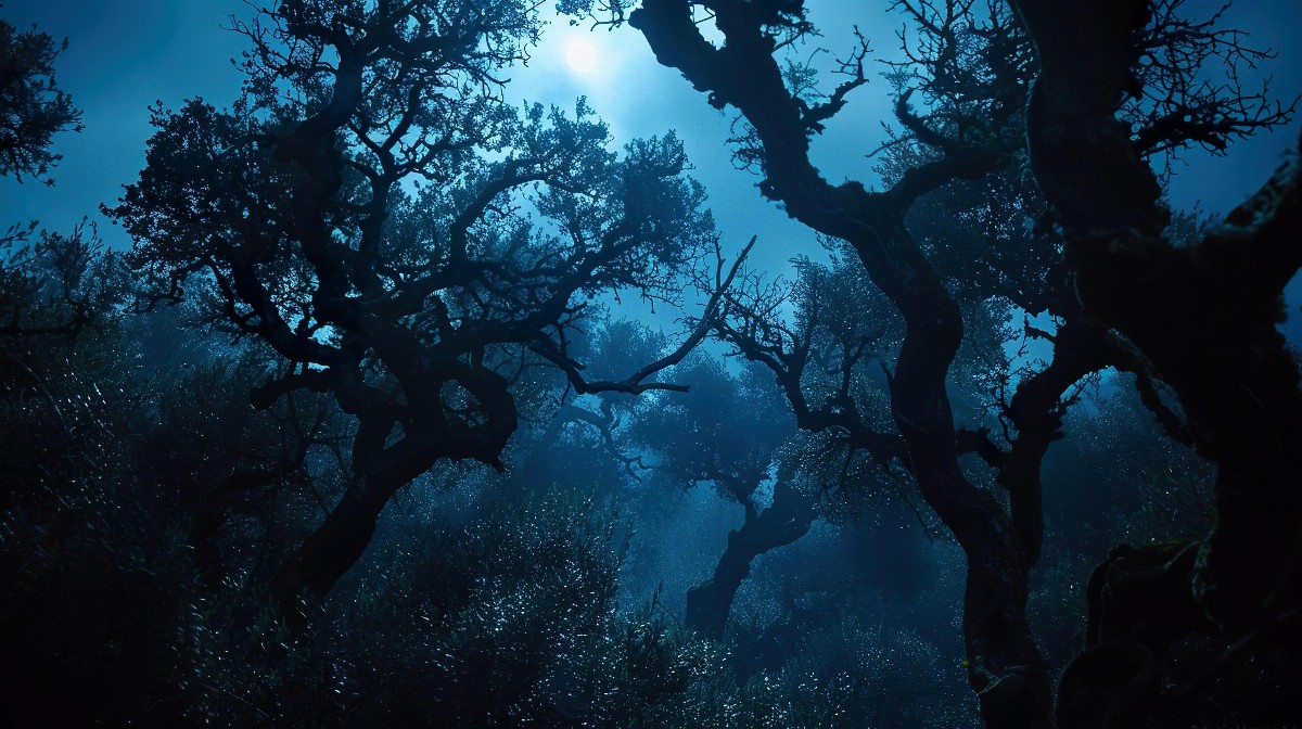 Moonlit forest with silhouetted trees