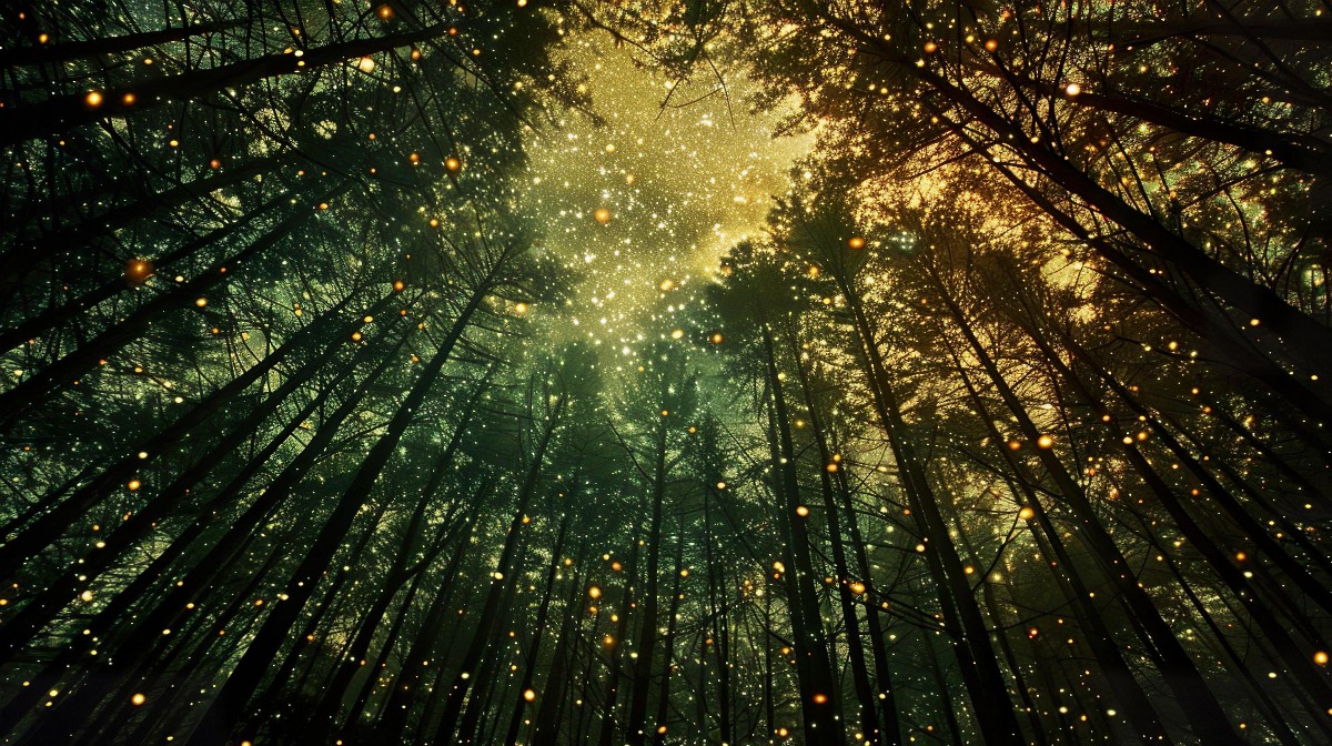 Forest canopy with starry sky