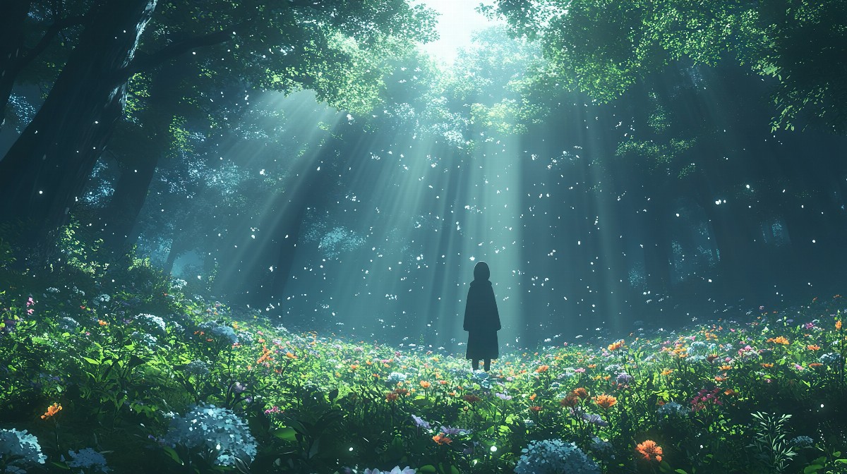 Anime character standing in a glowing forest with flowers and light rays.