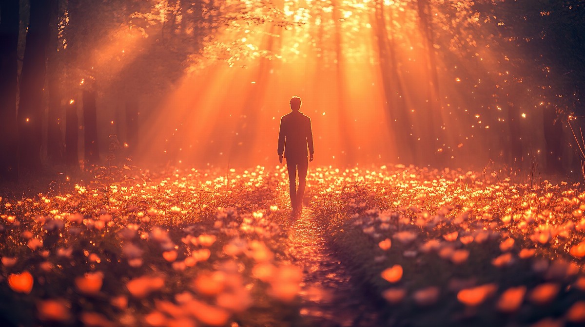 Silhouette of a person walking through a glowing forest path.