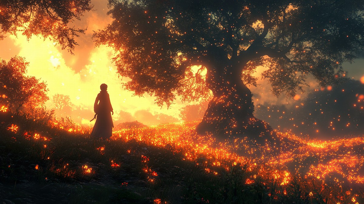 Silhouette of a person walking towards a glowing tree in a mystical forest.
