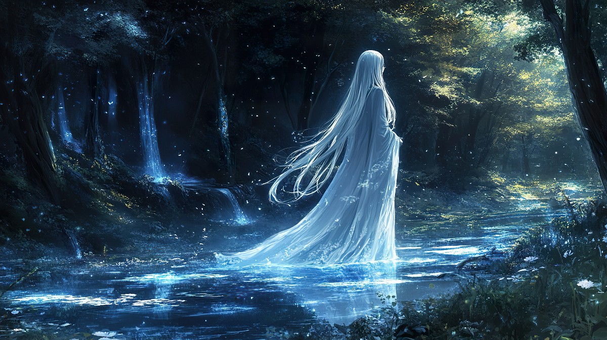 Anime character with long flowing hair standing in a mystical forest.