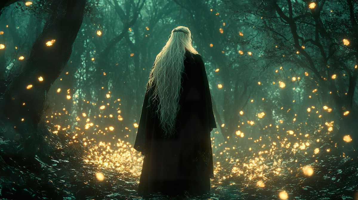 A figure with long hair stands in a glowing forest surrounded by lights.