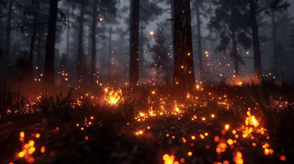 Glowing embers in a dark forest
