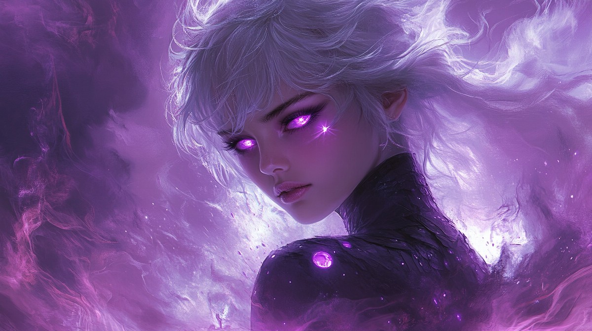 Illustration of a girl with silver hair and glowing eyes in a cityscape.