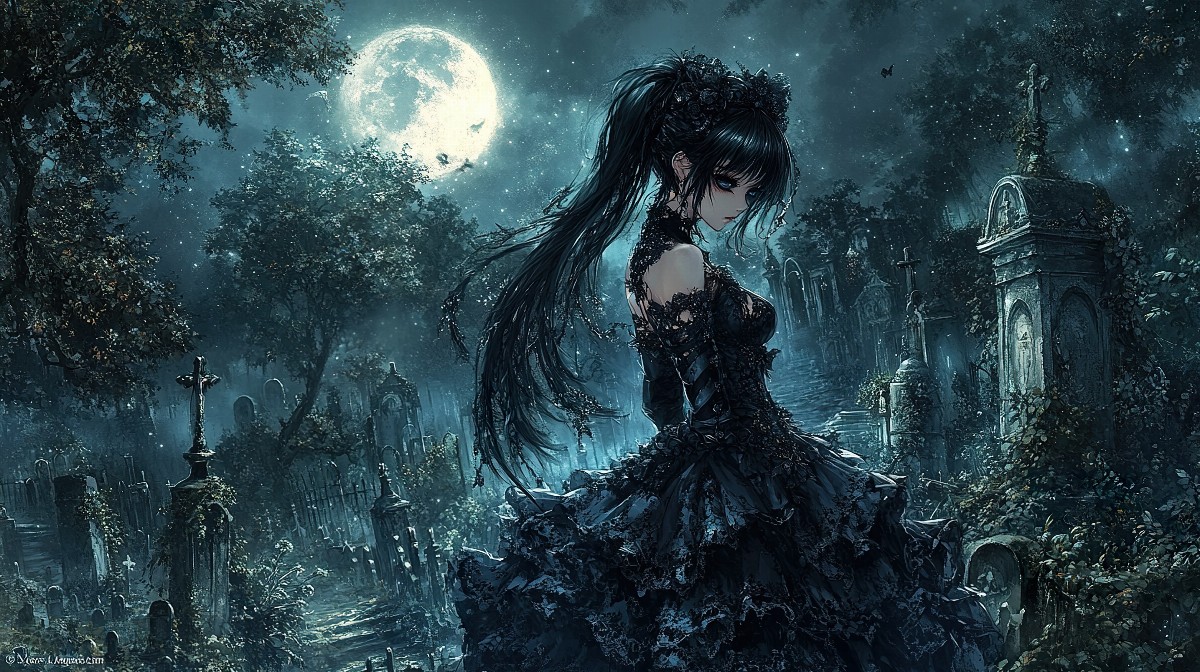 Anime girl in a Gothic Lolita dress standing in a moonlit cemetery.