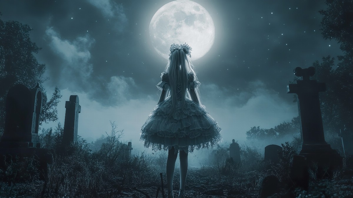 Anime girl in Gothic Lolita dress standing in a moonlit graveyard.