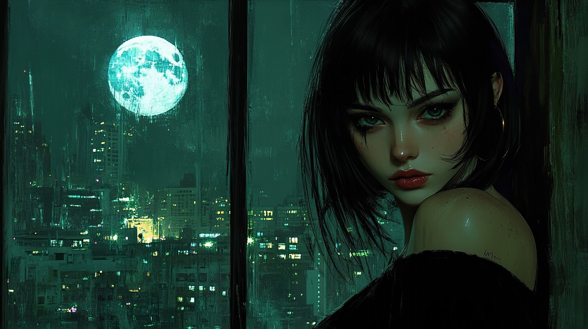 Illustration of a girl with sleek black hair in front of a cityscape at night.