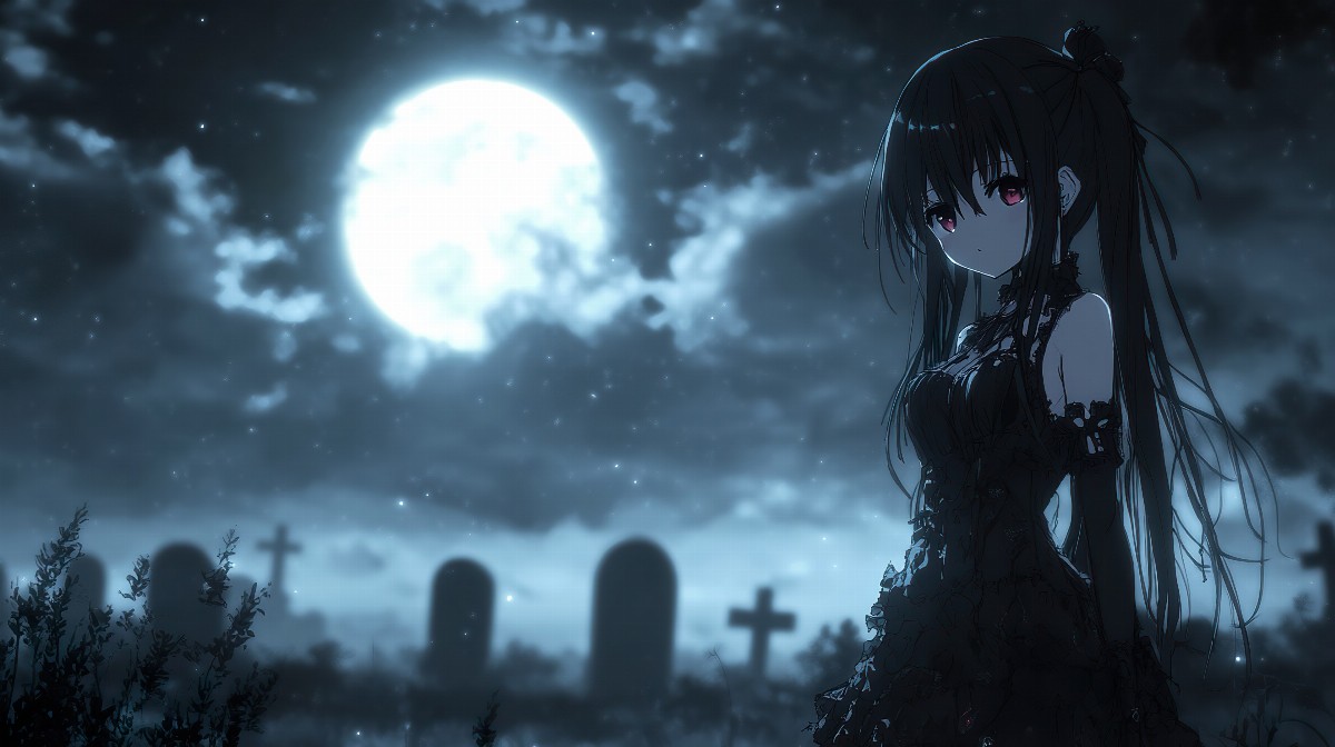 Anime girl in Gothic Lolita dress under a full moon in a graveyard.