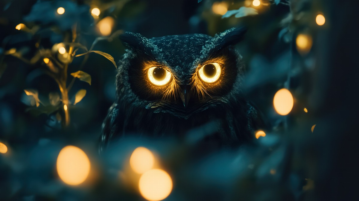 Owl with glowing eyes surrounded by dim forest lights.