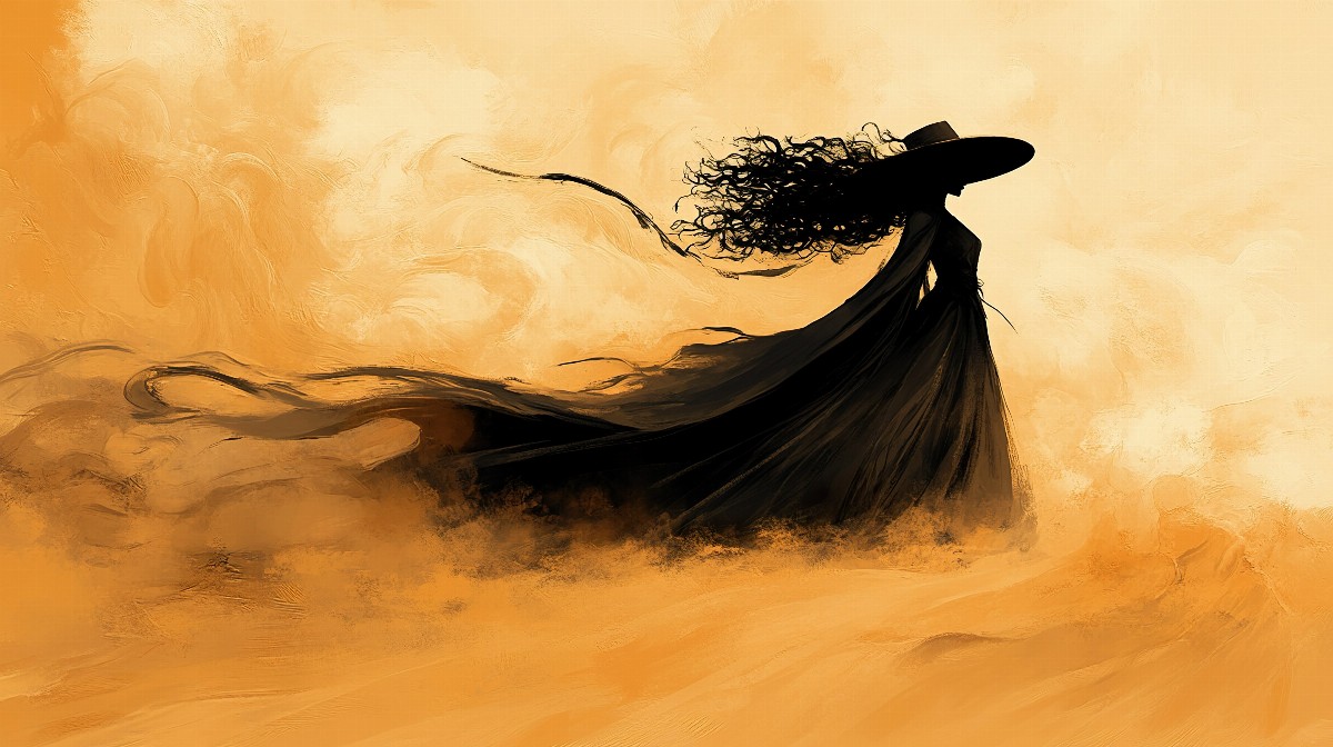 Silhouette of a girl with dark curly hair and a wide-brimmed hat in a desert scene.