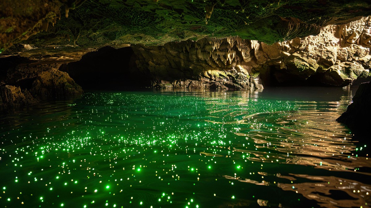 Underwater cave with glowing lights