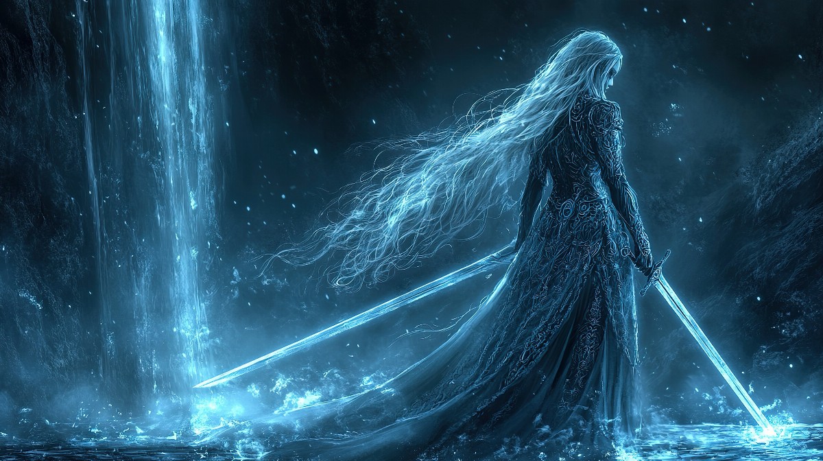 Illustration of a girl with long silver hair holding a sword in a mystical setting.